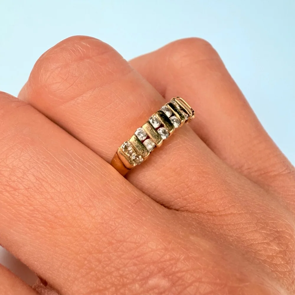 Estate 14K Solid Yellow Gold .60 TCW Natural Diamond Double Row Band VTG Ring - Picture 6 of 10